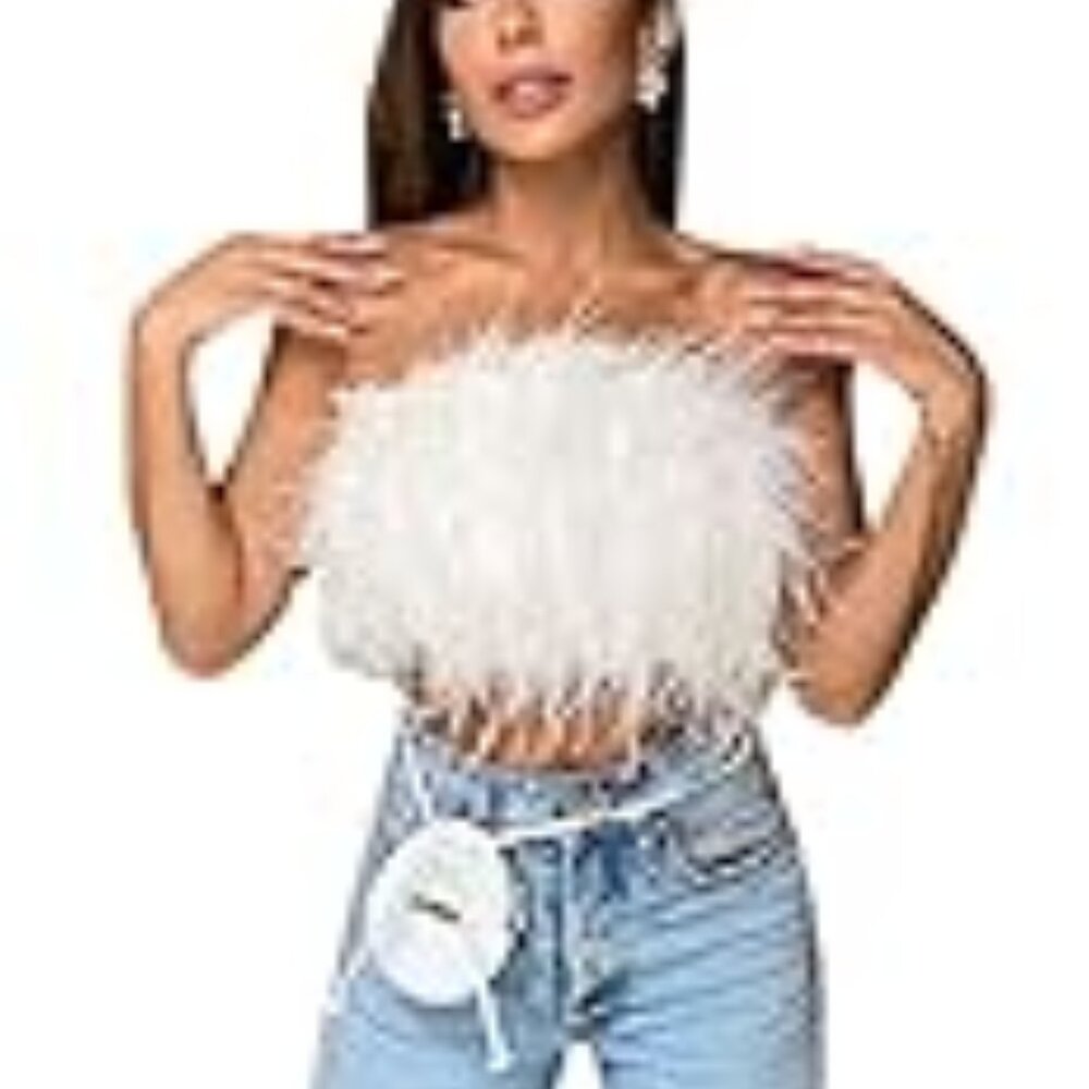 Faux Fur Strapless Feather Crop Top